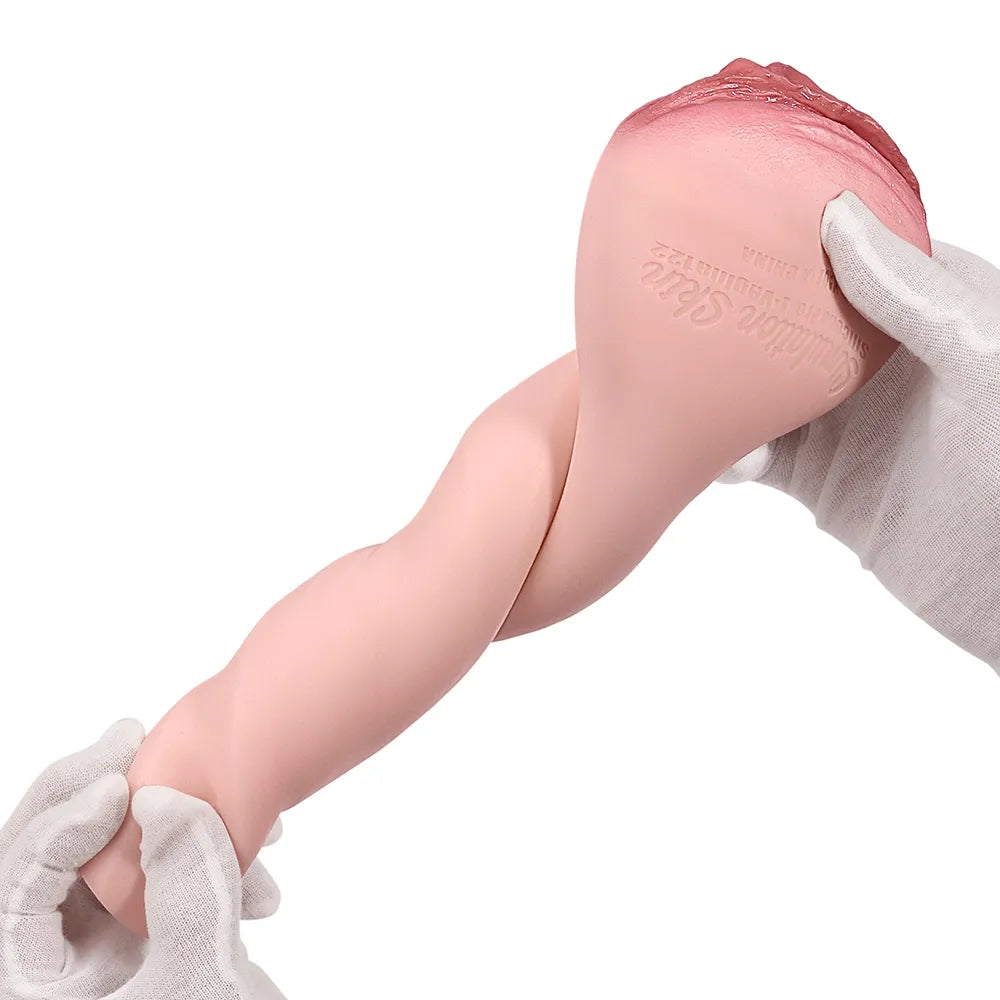 Realistic flesh-toned male masturbator with textured inner canal, held by gloved hands showing flexible material