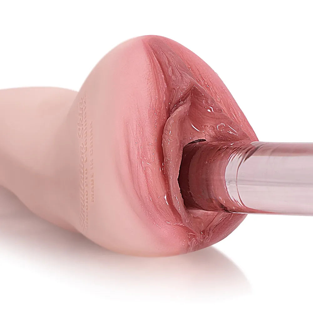 Realistic pink silicone male masturbator with textured inner tunnel and smooth exterior