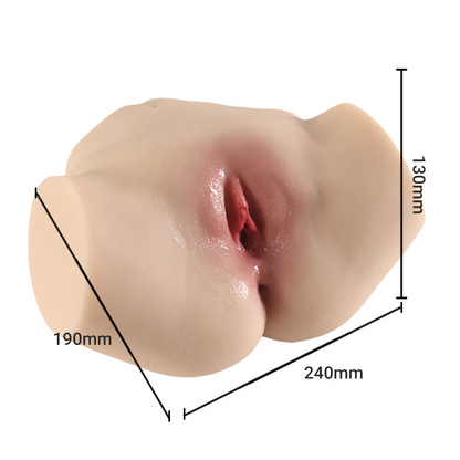 Realistic flesh-toned male masturbator with detailed labia, glossy texture, and precise 240mm x 190mm x 130mm dimensions