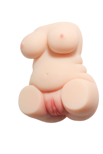 Realistic female body torso with detailed breasts, navel, and genitalia in soft skin tone material