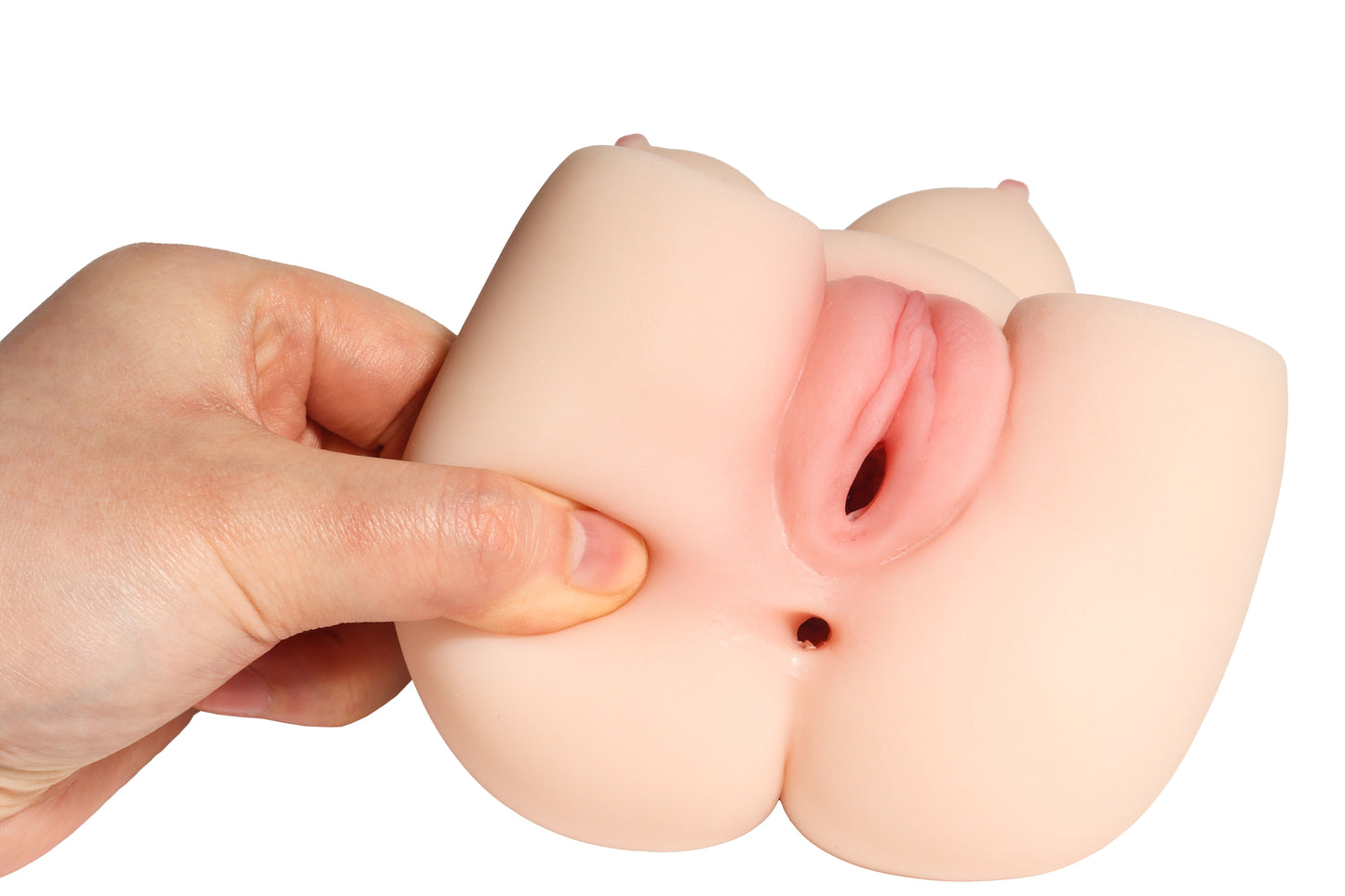 Realistic flesh-toned male masturbator with detailed vaginal and anal openings, held in hand to show size and texture.