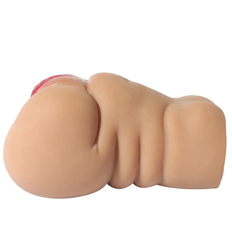 Realistic flesh-toned male masturbator with detailed labia and pink inner lining, soft silicone texture
