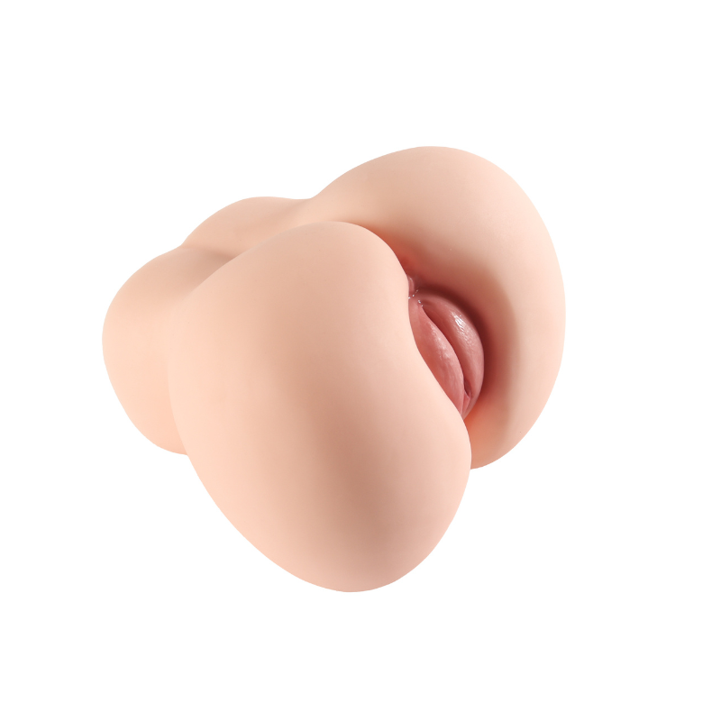 Realistic flesh-toned male masturbator with detailed labia and vaginal opening, smooth soft texture