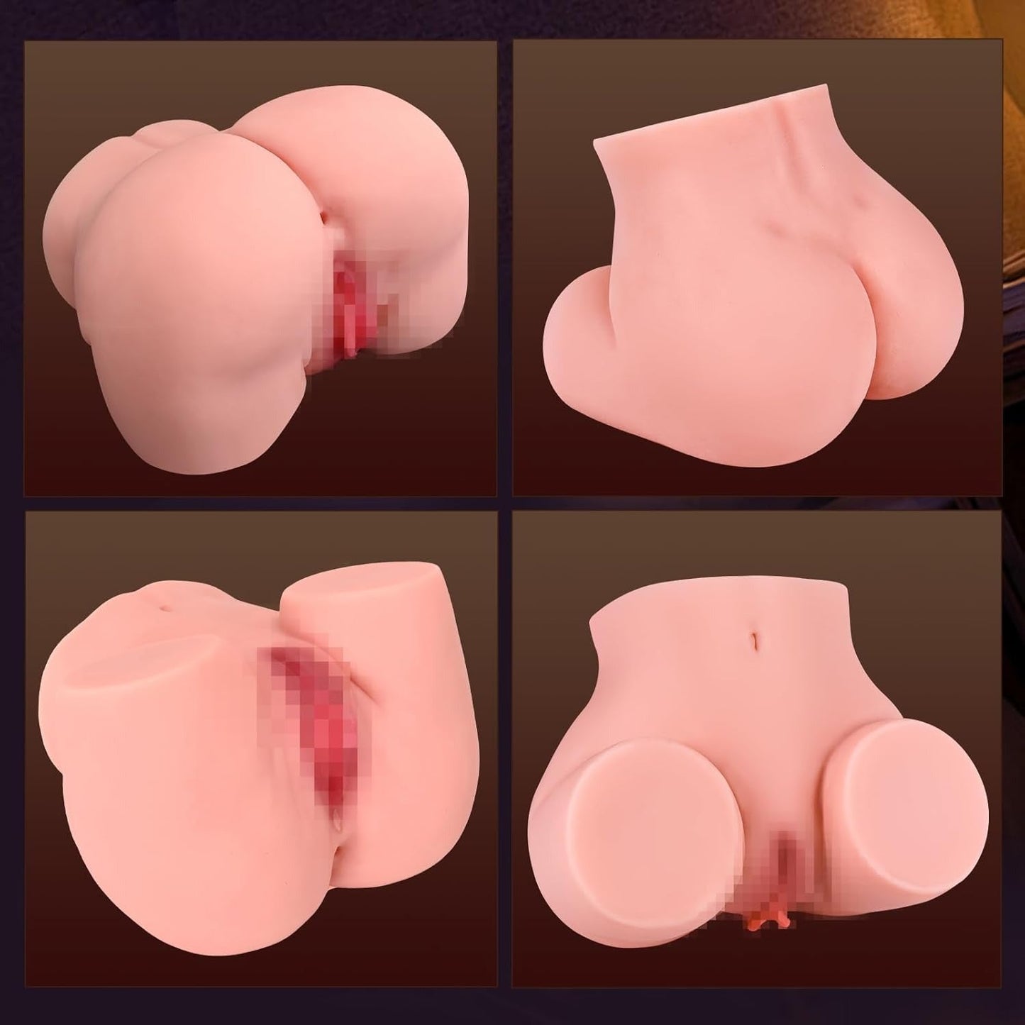 Realistic silicone male masturbator with detailed anatomy, soft texture, and natural skin tone from multiple angles