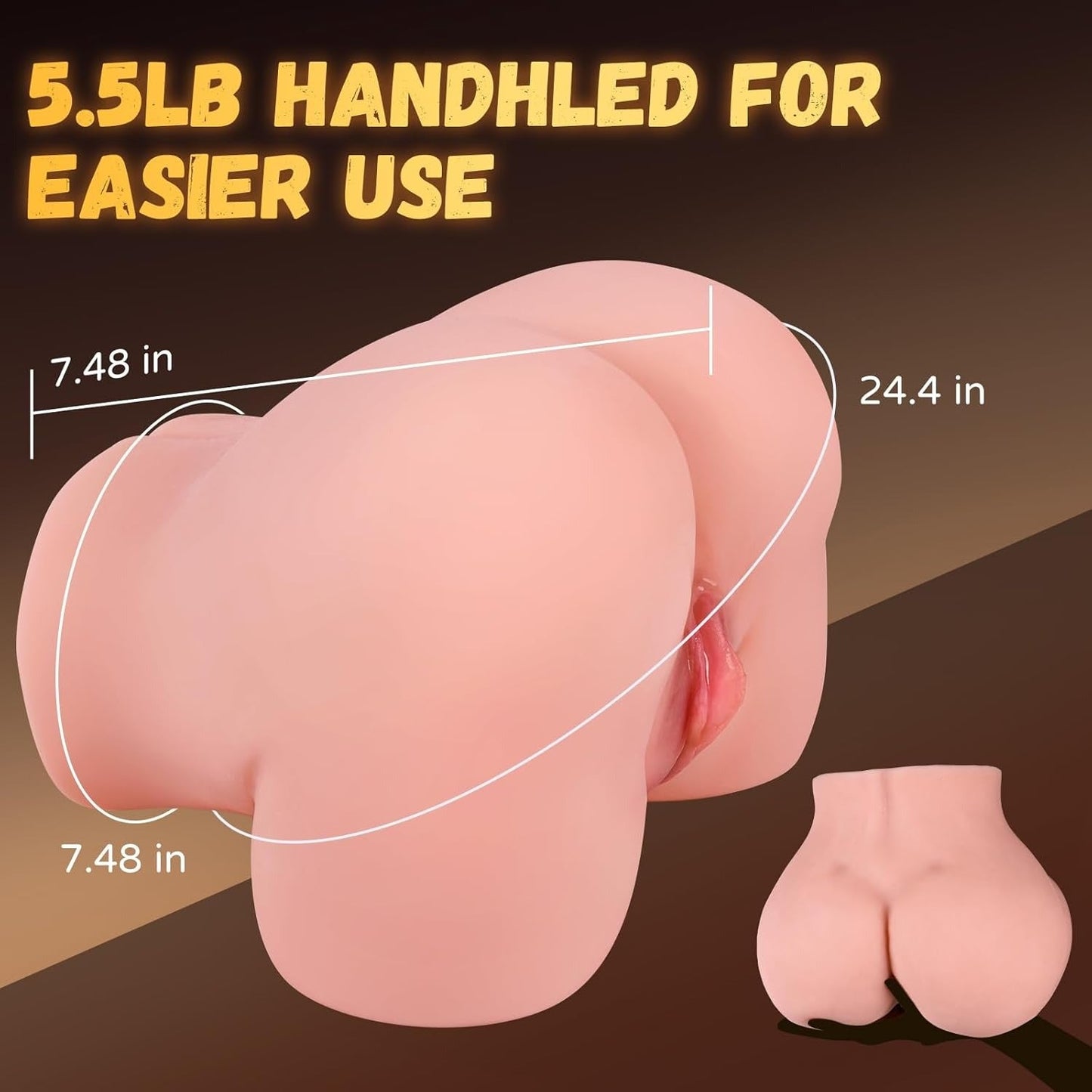 Realistic pink silicone male masturbator with detailed labia, 7.48-inch width, 24.4-inch length, designed for easy handheld use