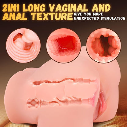 Pink dual-cavity male masturbator with textured vaginal and anal tunnels, featuring ribbed and nubbed internal patterns for enhanced stimulation.