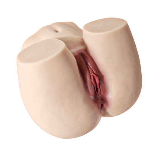 Realistic flesh-toned male masturbator with detailed vaginal canal and labia, soft silicone texture