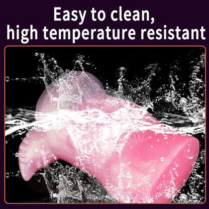 Pink realistic male masturbator splashing in water, smooth silicone texture, easy clean design