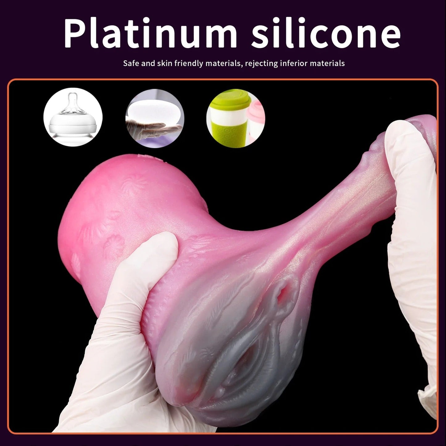 Pink silicone male masturbator with realistic texture and flexible design, held in gloved hands