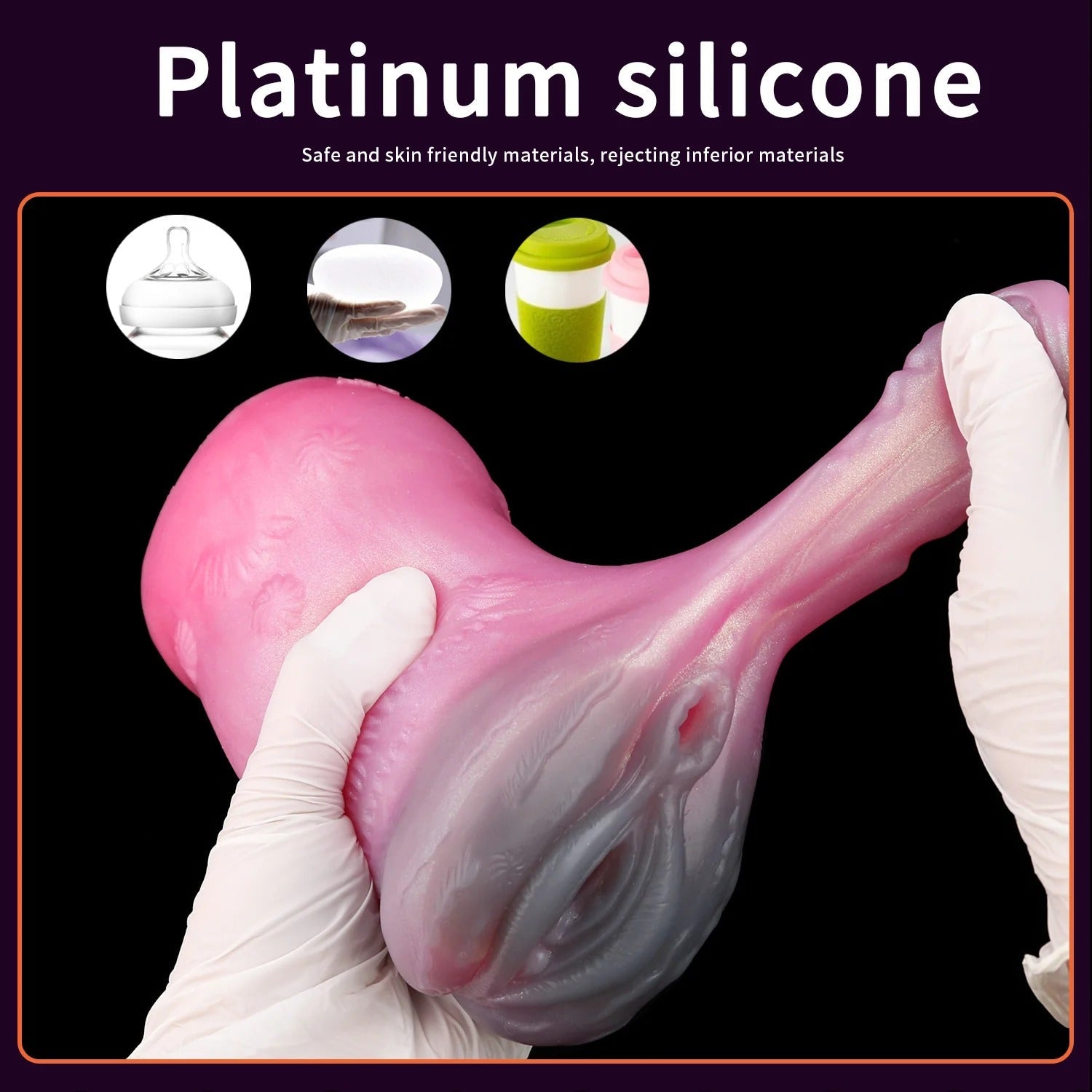Pink silicone male masturbator with realistic texture and flexible design, held in gloved hands