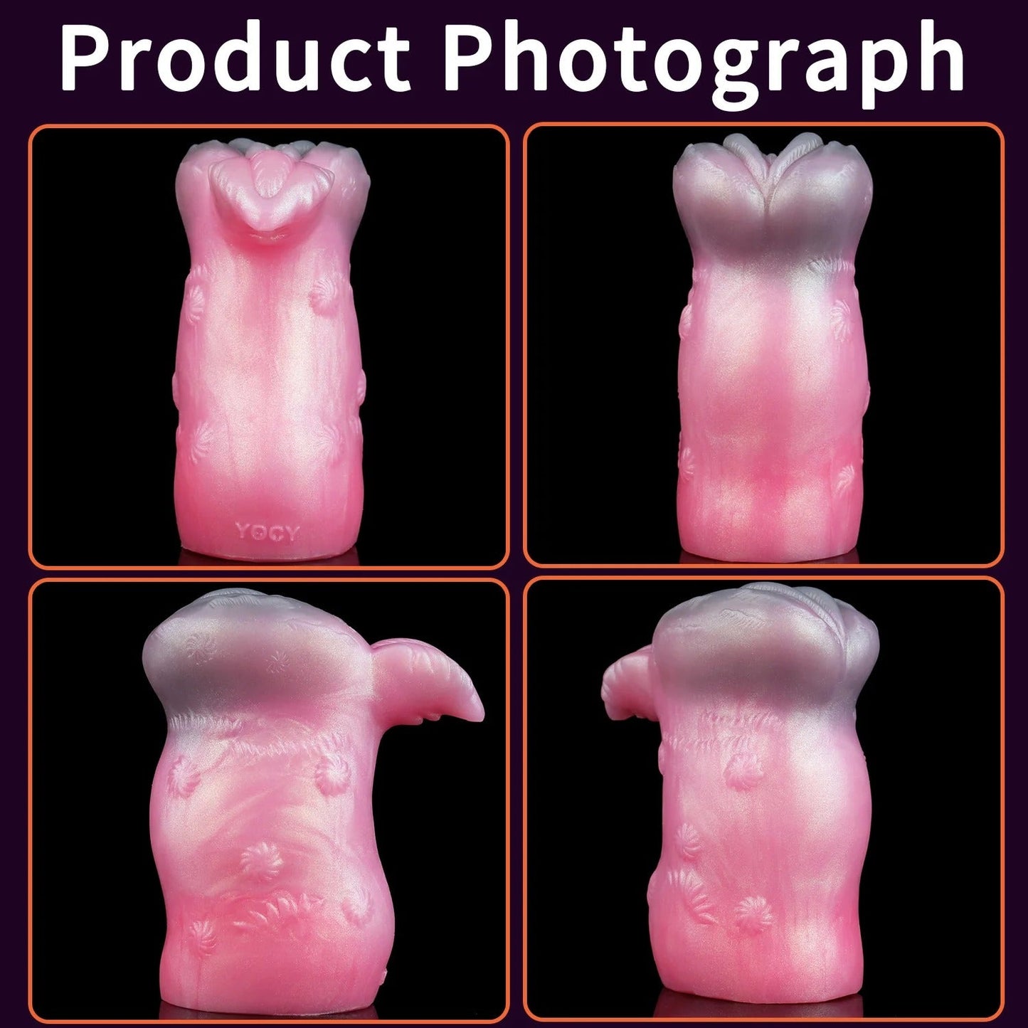 Pink realistic male masturbator with textured floral patterns and soft silicone feel, shown from multiple angles