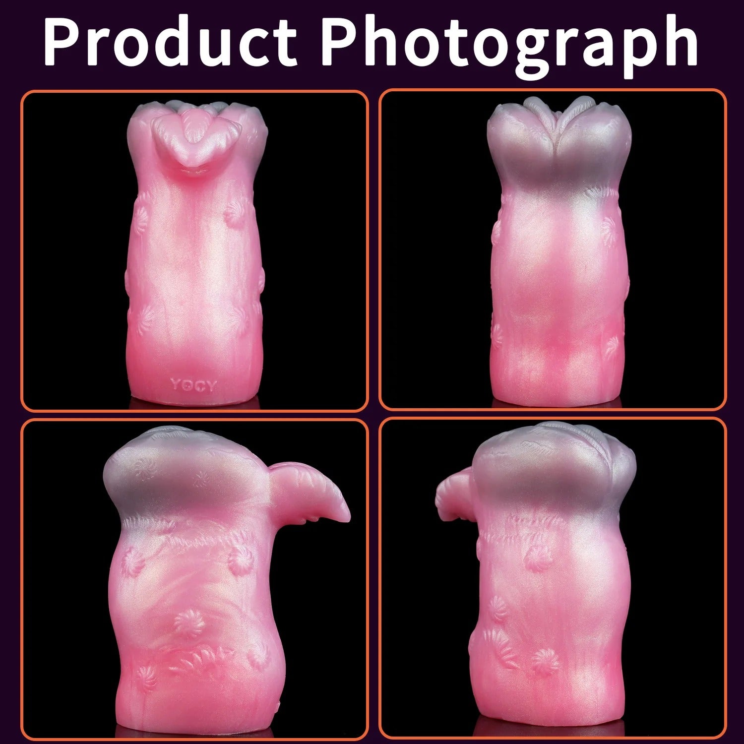 Pink realistic male masturbator with textured floral patterns and soft silicone feel, shown from multiple angles