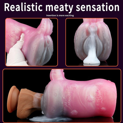 Pink realistic male masturbator with textured interior, soft silicone feel, and detailed anatomical design