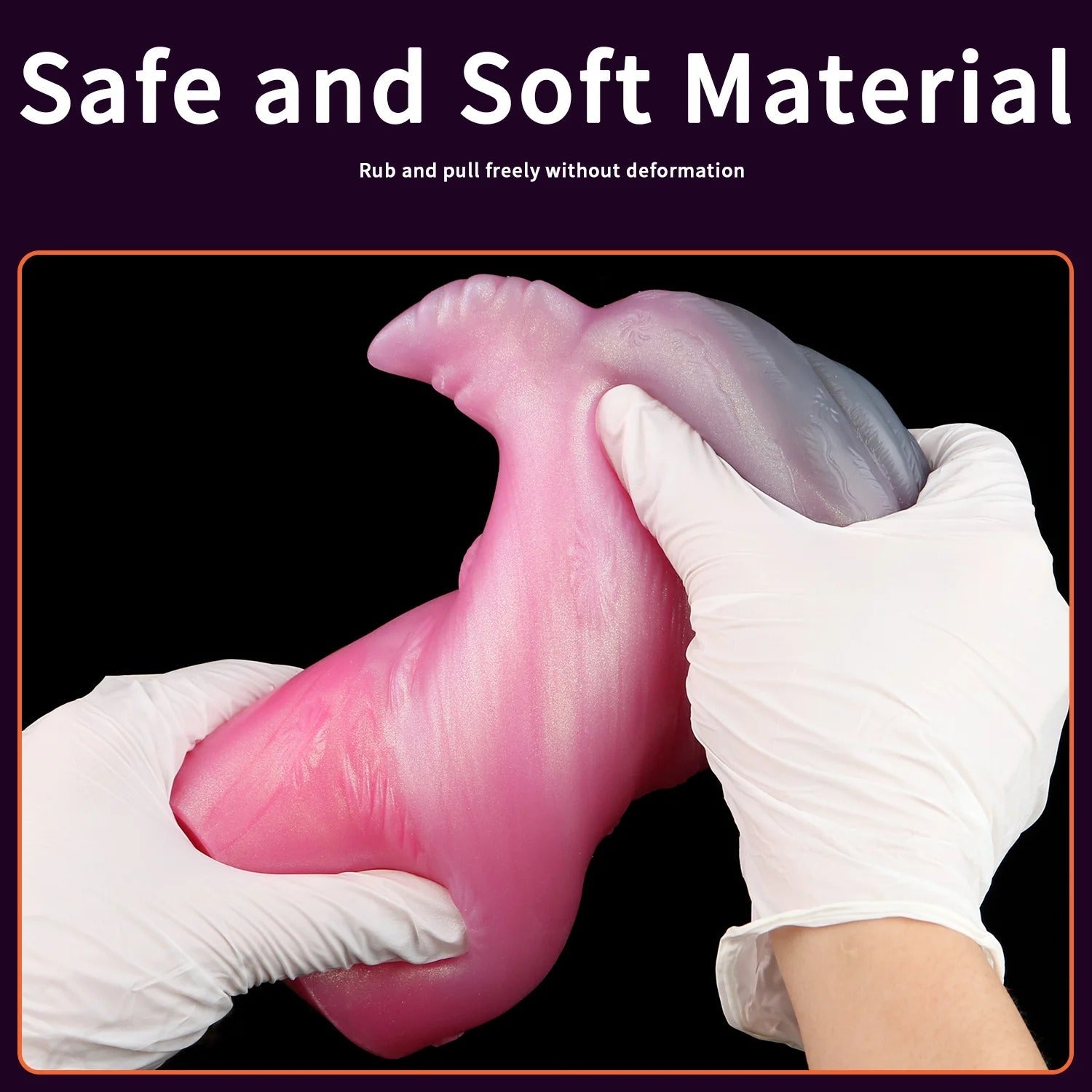 Pink realistic male masturbator with soft, stretchy material being gently squeezed by gloved hands