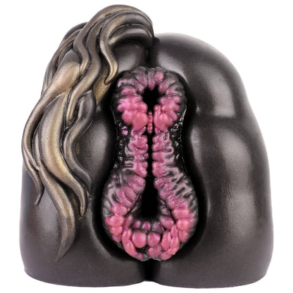 Realistic male masturbator with textured pink interior, dark exterior, and sculpted hair detail for enhanced pleasure.