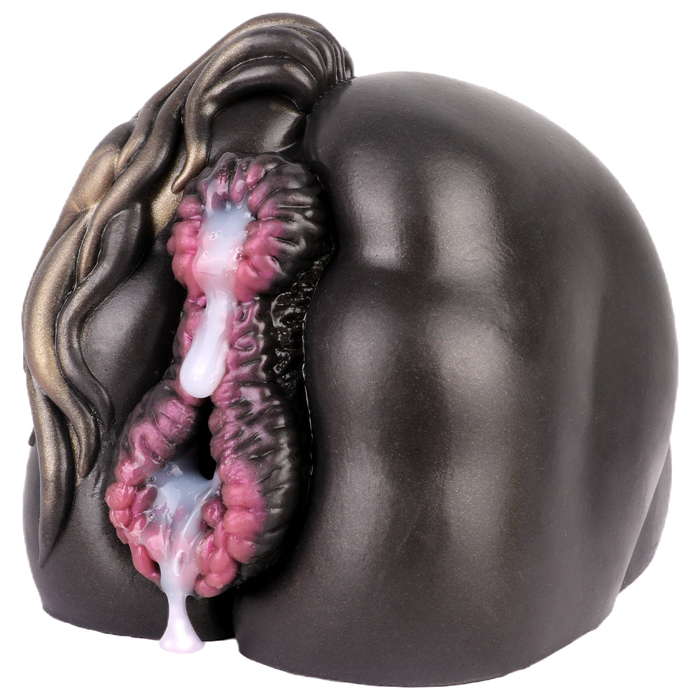 Realistic male masturbator with detailed pink interior, glossy black exterior, and lifelike texture for enhanced pleasure.