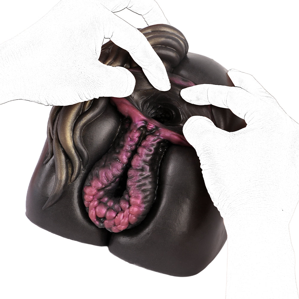 Realistic male masturbator with detailed pink inner texture and dark exterior, shown with hands demonstrating use