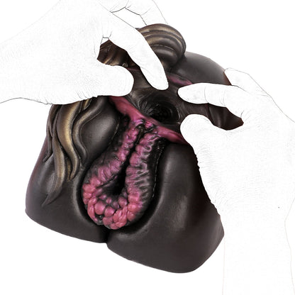 Realistic male masturbator with detailed pink inner texture and dark exterior, shown with hands demonstrating use
