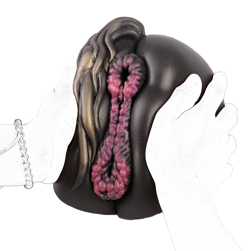 Realistic male masturbator with detailed pink inner texture and dark exterior, held in hands