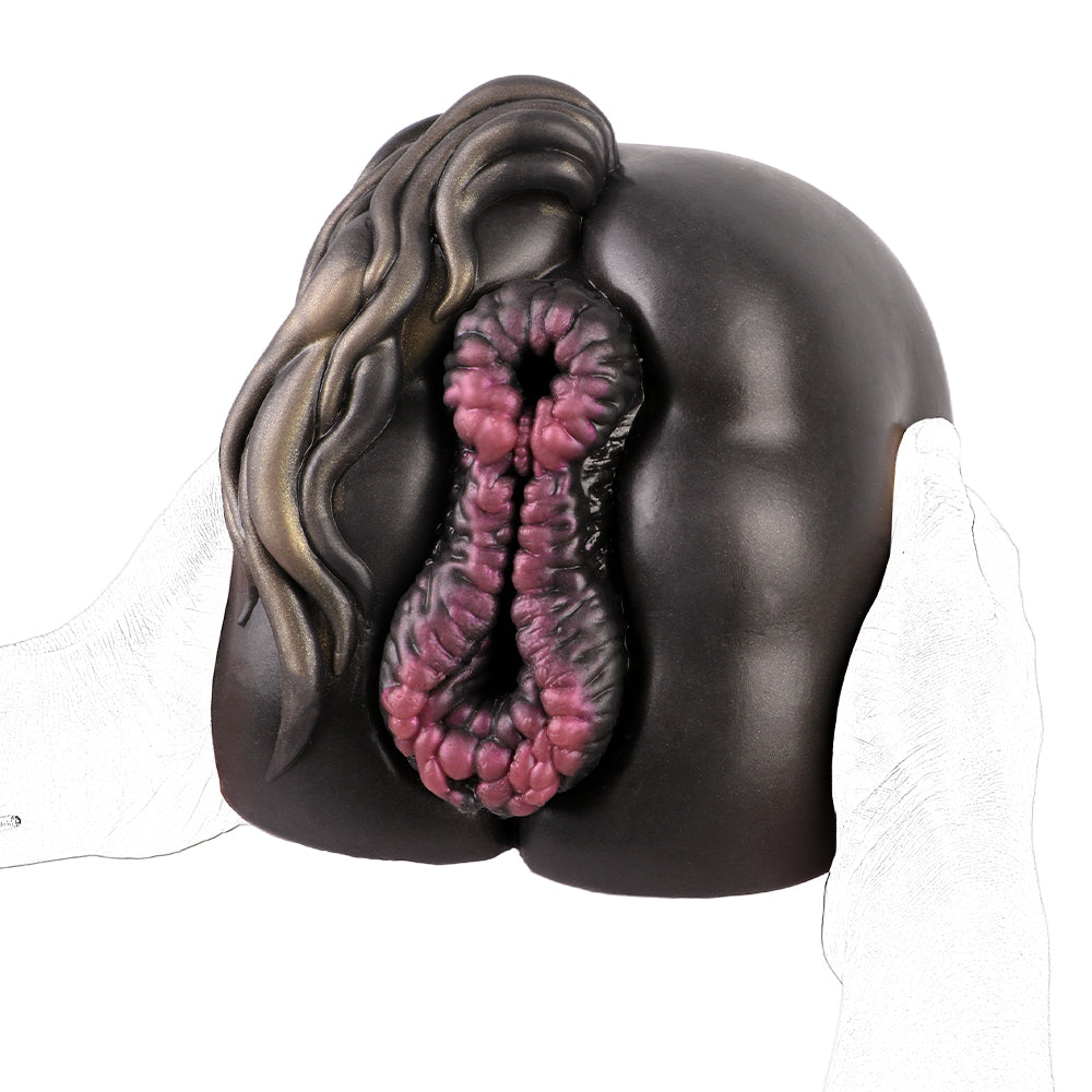 Realistic male masturbator with detailed pink textured interior and dark glossy exterior, held in hands.