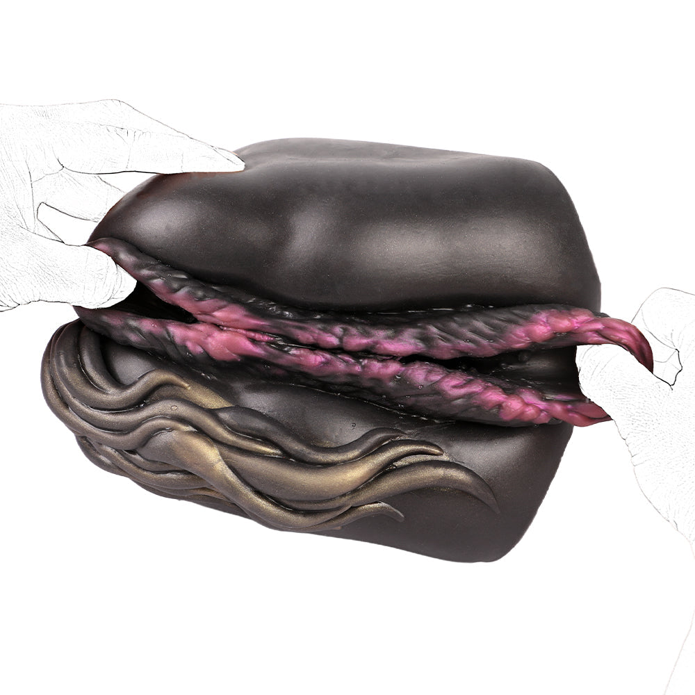 Realistic male masturbator with textured black exterior, pink inner lining, and detailed ridges for enhanced sensation.