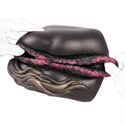 Realistic male masturbator with textured black exterior, pink inner lining, and detailed ridges for enhanced sensation.
