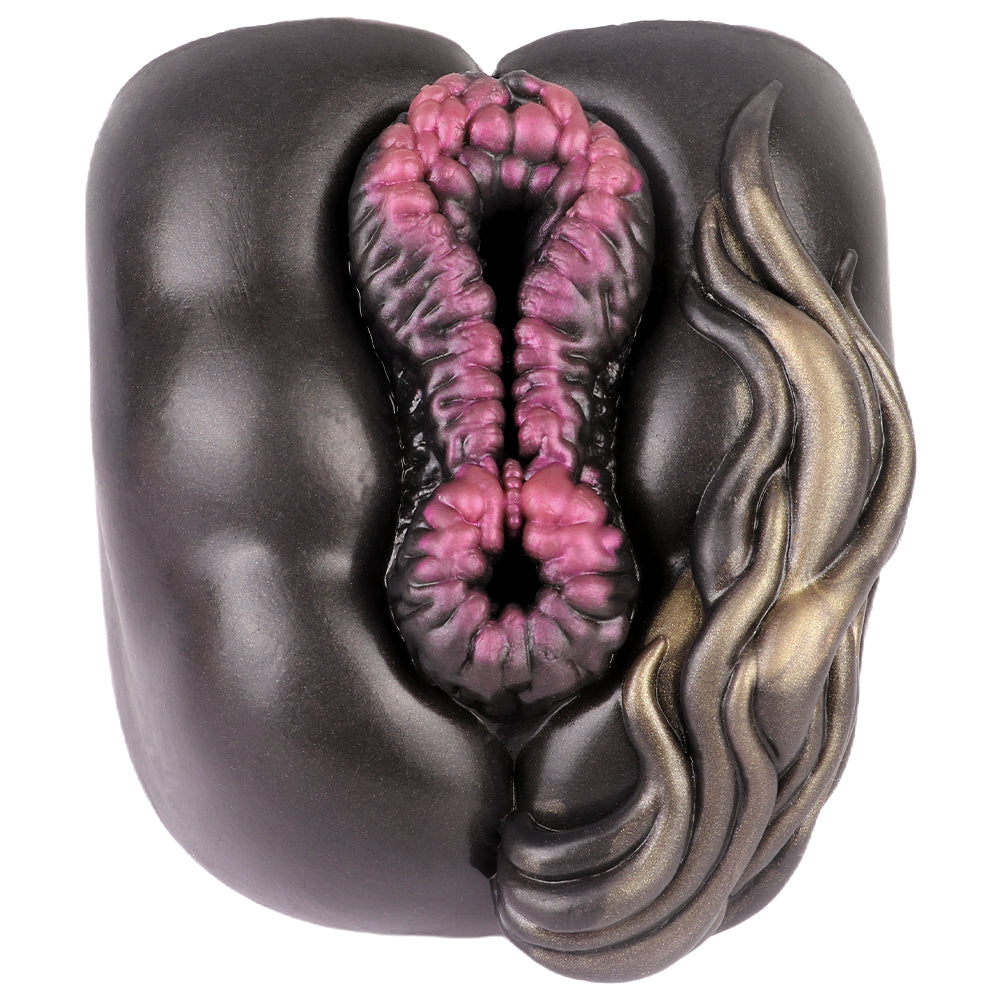 Realistic male masturbator with deep pink textured interior and glossy black exterior featuring gold flame accents.