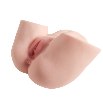 Realistic pink silicone male masturbator with detailed vaginal opening and textured skin