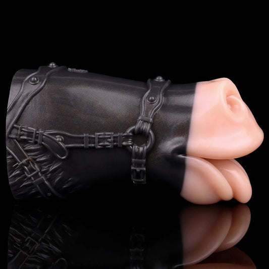 Realistic flesh-toned male masturbator with black leather harness detailing, soft silicone texture