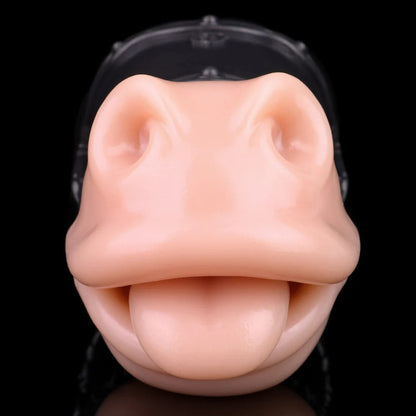 Realistic flesh-toned male masturbator with detailed labia and tongue, encased in clear plastic base