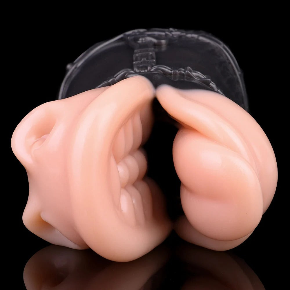 Realistic flesh-toned male masturbator with detailed vaginal canal and soft silicone texture
