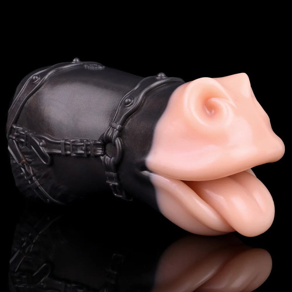 Realistic flesh-toned oral sleeve with black harness, detailed texture and lifelike lips for intimate use