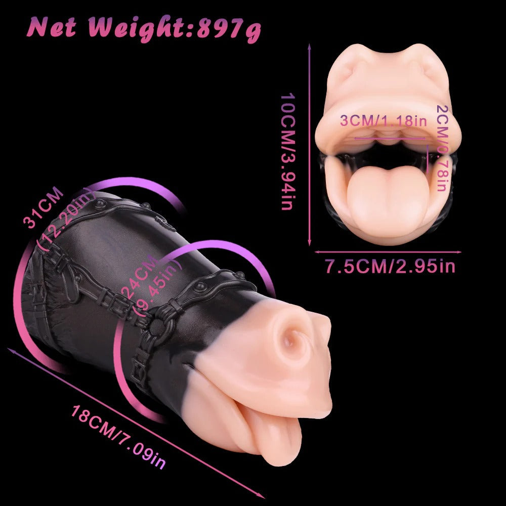 Realistic flesh-toned oral sex toy with black harness, detailed labia, 18cm length, soft silicone texture