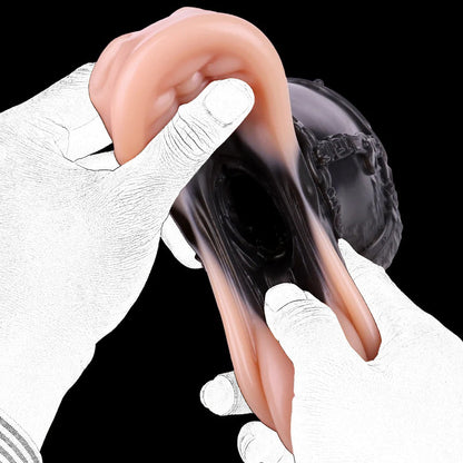 Realistic flesh-toned male masturbator with soft silicone texture, shown being stretched to reveal internal cavity