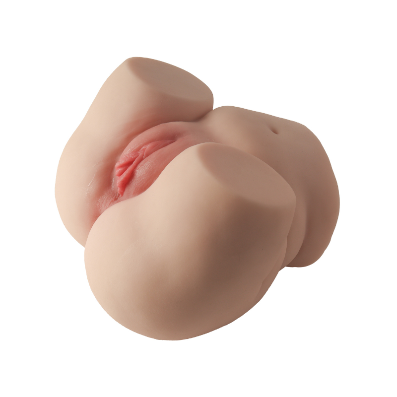 Realistic flesh-toned male masturbator with detailed vaginal opening and soft silicone texture