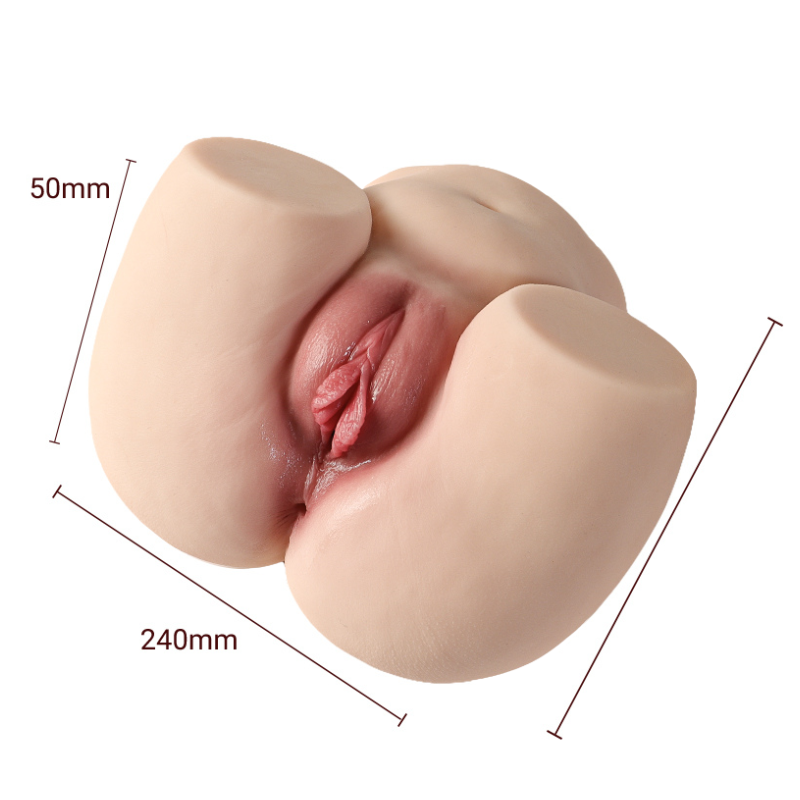 Realistic male masturbator with detailed labia, soft skin texture, 240mm length, 50mm depth