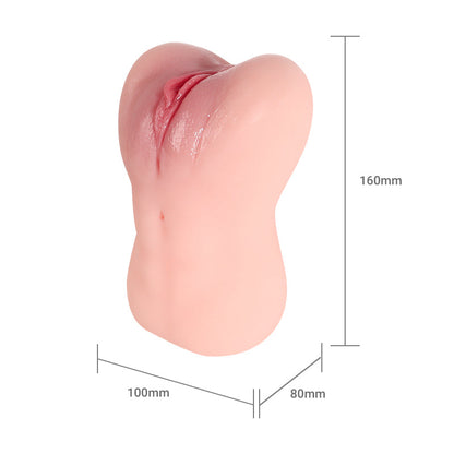 Realistic flesh-toned male masturbator with detailed labia, 160mm height, soft silicone texture