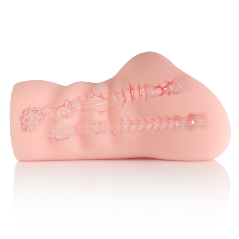Realistic pink male masturbator with textured internal ridges and suction cup base for enhanced stimulation