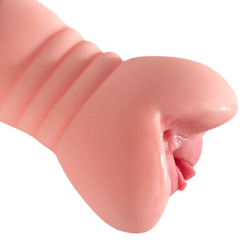 Realistic pink silicone male masturbator with textured ribbed shaft and detailed vaginal opening