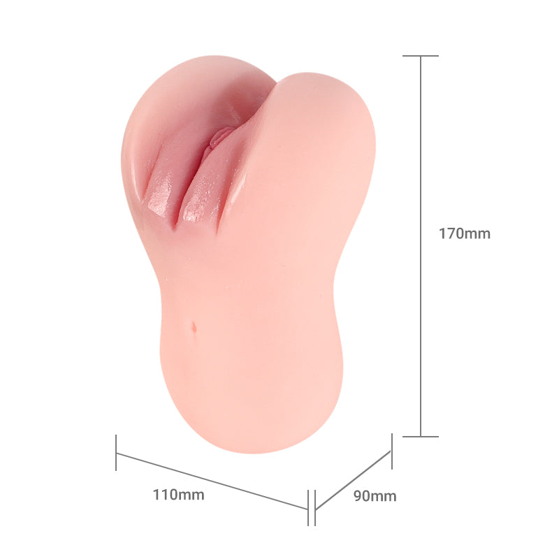 Realistic pink male masturbator with detailed labia, smooth texture, 170mm height, designed for intimate pleasure.