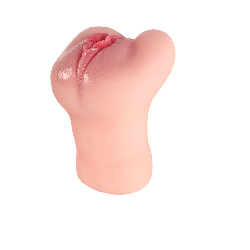 Realistic pink silicone male masturbator with detailed labia and natural texture