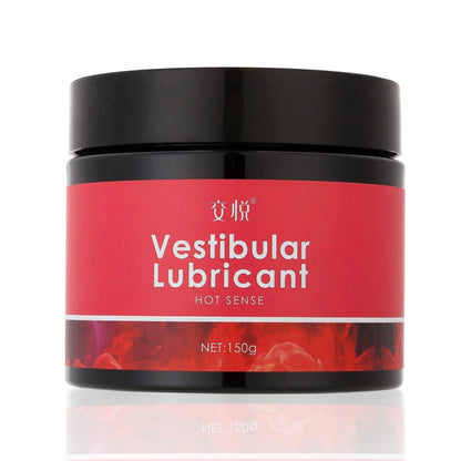 Black jar of Vestibular Lubricant with red label, Hot Sense formula, 150g net weight