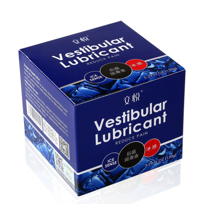 Blue box of Vestibular Lubricant with ice sense cooling effect, 5.29 fl oz, reduces friction for comfort