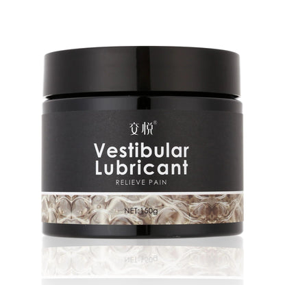 Black jar of Vestibular Lubricant with 150g net weight, labeled to relieve discomfort, featuring textured design