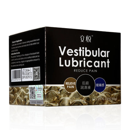Vestibular Lubricant box, 5.29 fl oz, reduces discomfort, black packaging with gold wave design, pain relief formula